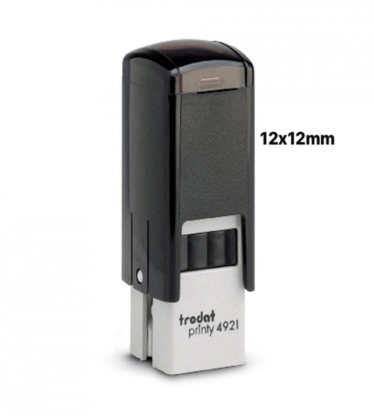 Tampon automatique carré Trodat Printy 4921 (12×12mm), idéal pour textes courts, logos et cachets professionnels.