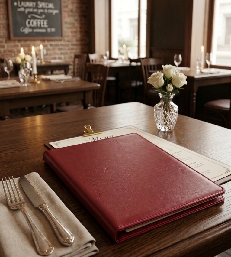 Porte menu en cuir format A5, idéal pour offrir une présentation élégante et professionnelle dans les restaurants, cafés et hôtels