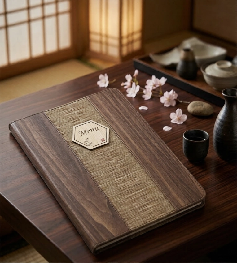 Porte-menu classique en similicuir format A4 avec effet bois grain, offrant 16 vues pour une présentation élégante et organisée des menus