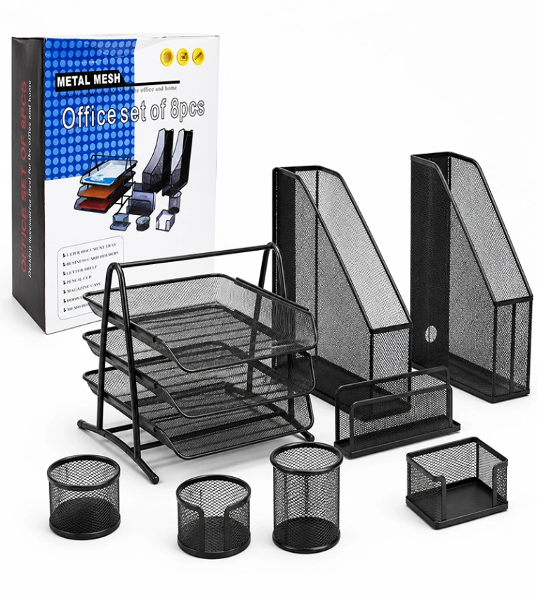 Kit complet d'accessoires de bureau en métal grillagé noir (8 pièces). Comprend porte‑stylos, trieur à courrier, porte‑bloc‑notes, bac à trombones,