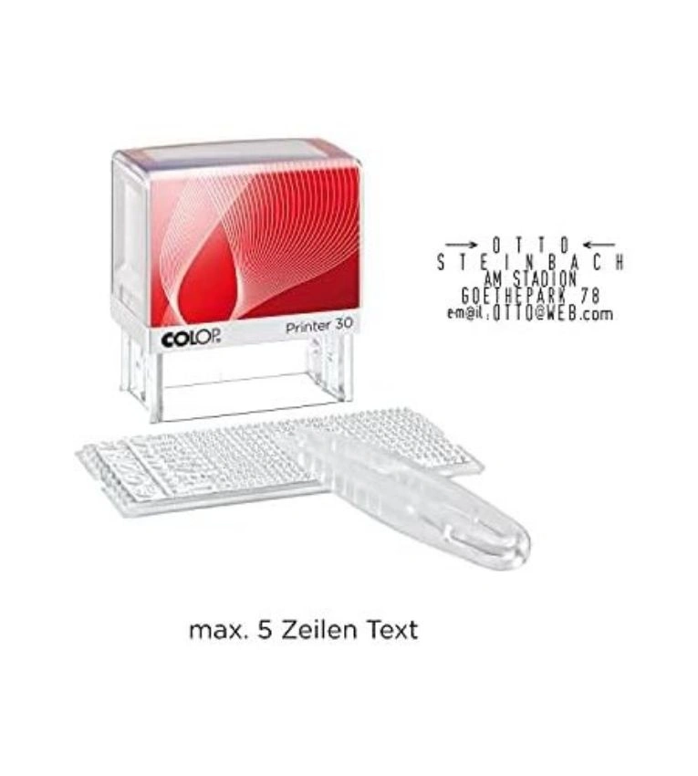 Tampon COLOP Printer 30 : marquage précis, personnalisable avec 6 lignes, idéal pour bureaux et entreprises.