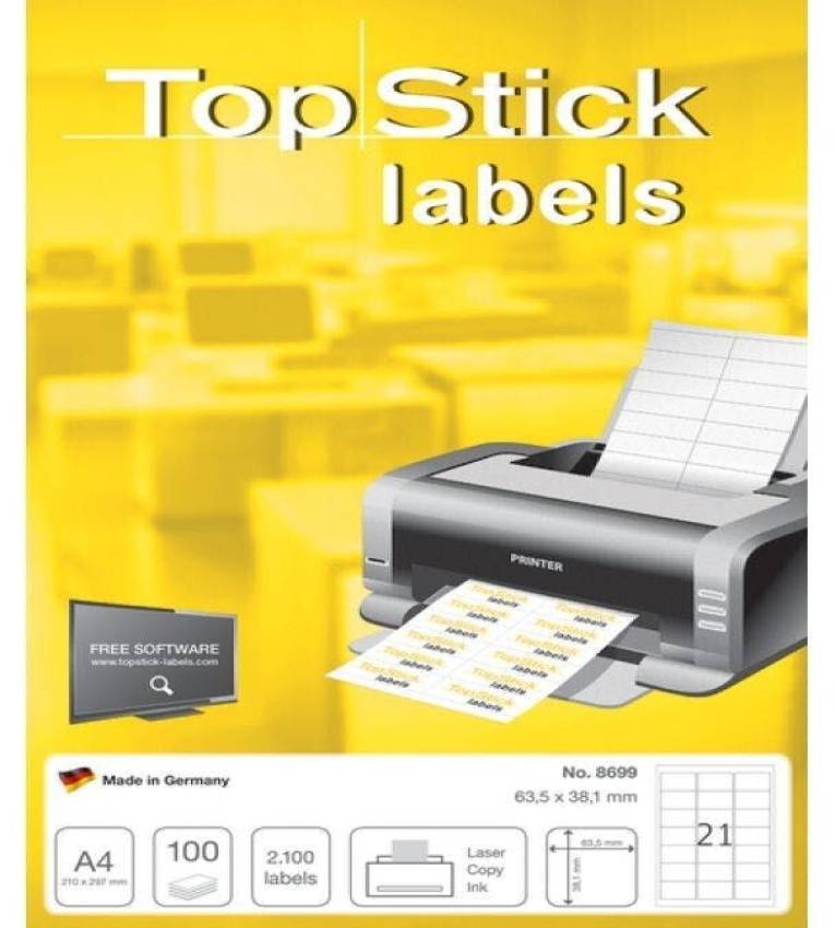 TOP STICK Étiquettes adhésives blanches - 63,5x38,1mm : Lot de 100 feuilles d'Etiquette universelle A4