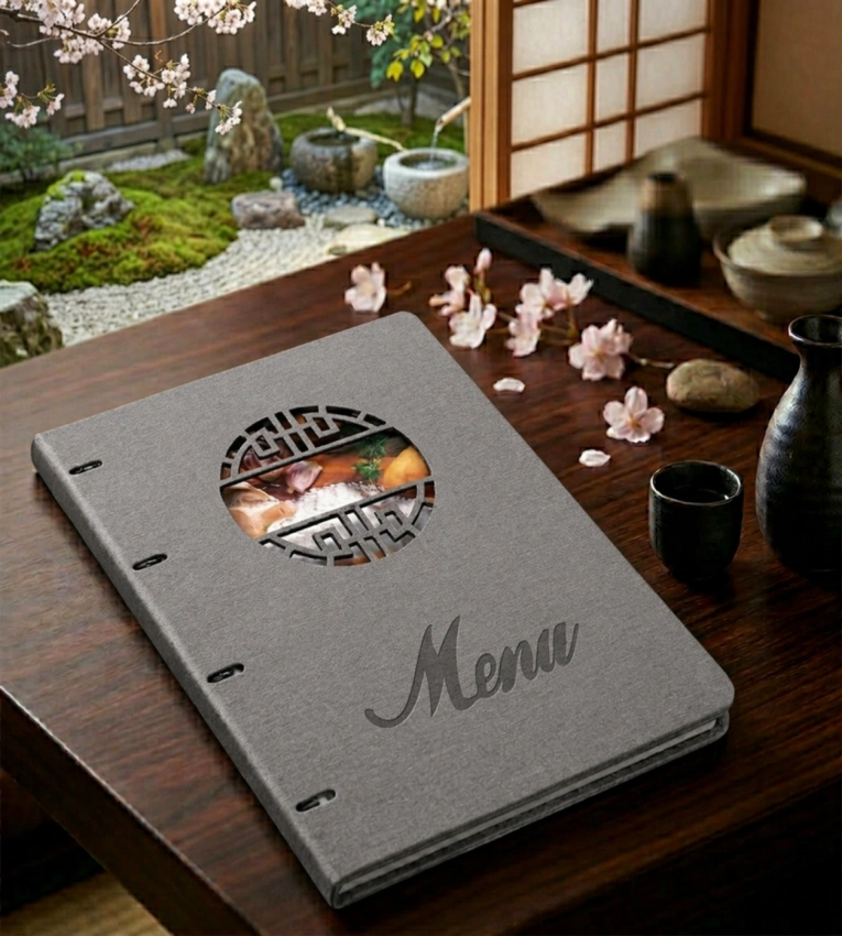 Porte-menu A4 en similicuir PU gris avec 18 vues, parfait pour une présentation moderne, élégante et organisée dans les restaurants et cafés