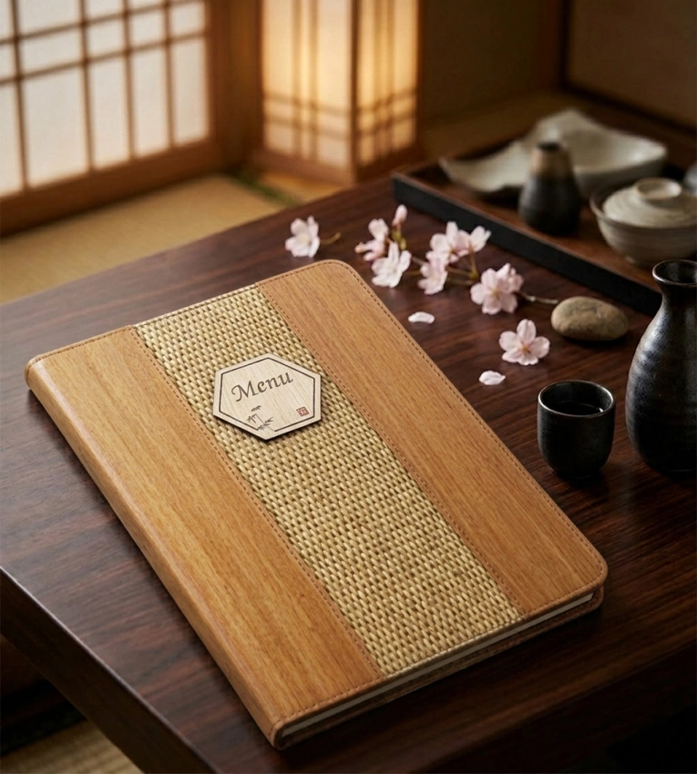 Porte-menu A4 effet bois marron avec finition Wood Grain, idéal pour une présentation élégante, chaleureuse et professionnelle des menus