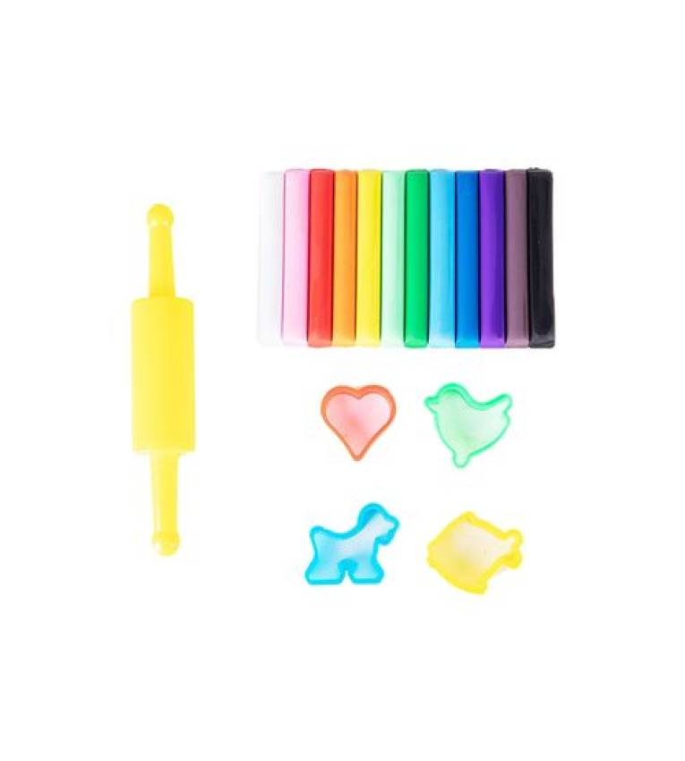 Pate a modeler 12 couleurs 160 gr + 4 moules et 1 roller