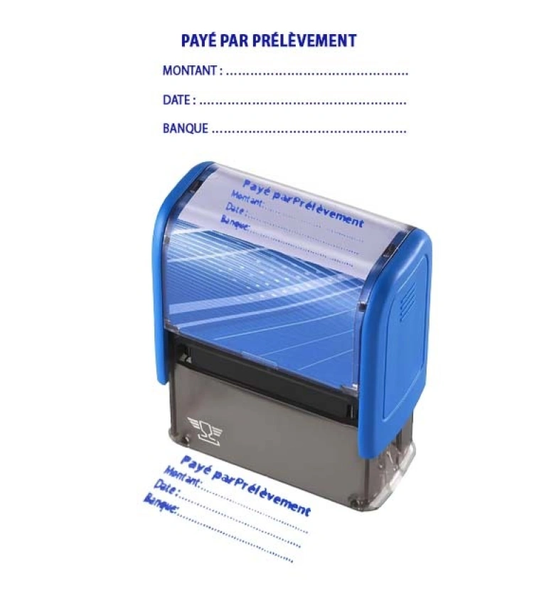 Tampon pratique avec la mention « Payé par prélèvement », empreinte claire avec encre bleue durable et espaces pour le montant, la date et la banque.
