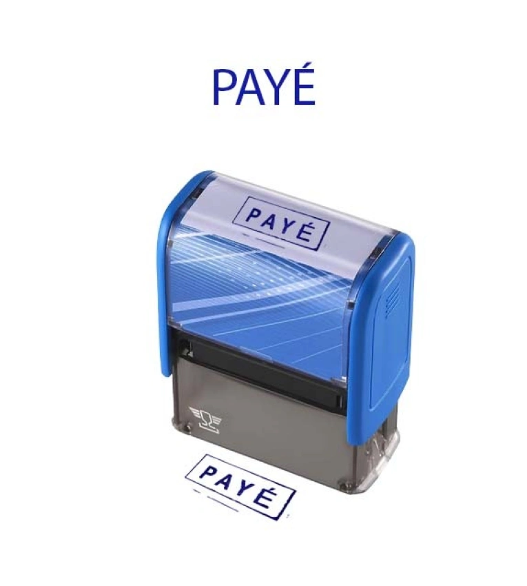 Tampon pratique avec la mention « Payé », empreinte claire avec encre bleue durable.