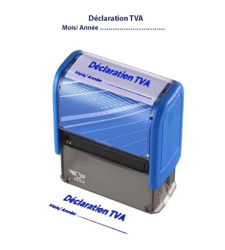 Tampon pratique avec la mention « Déclaration TVA » et espace pour préciser le mois et l’année. Empreinte claire avec encre bleue durable.