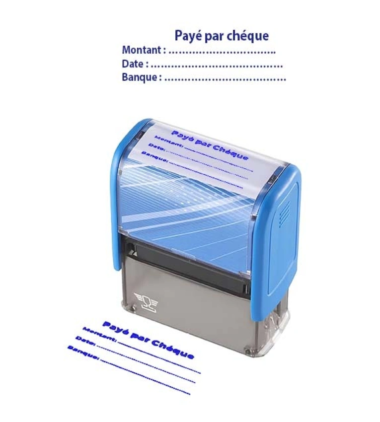Tampon « Payé par chèque » – empreinte nette et précise avec encre bleue durable.