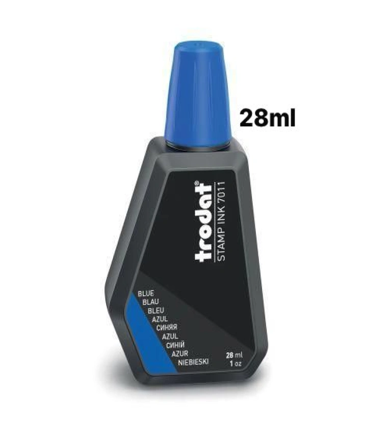 Encre BLEU pour tampons Trodat 7011 28 ml, encre originale de haute qualité assurant une empreinte nette et durable.